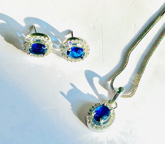 Charming Silver Blue Oval Pendant Jewelry Ensemble