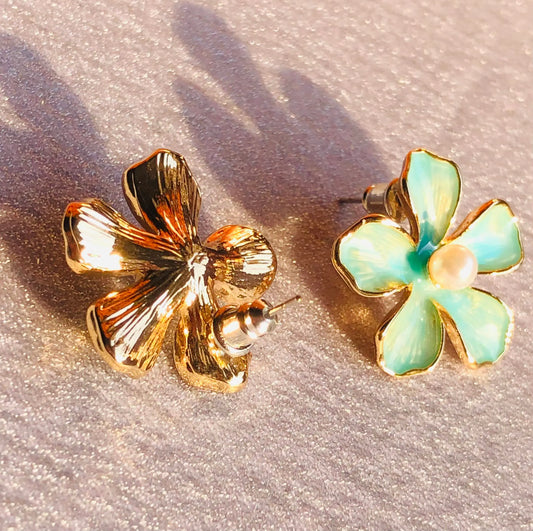 Teal Enamel Floral Stud Earrings