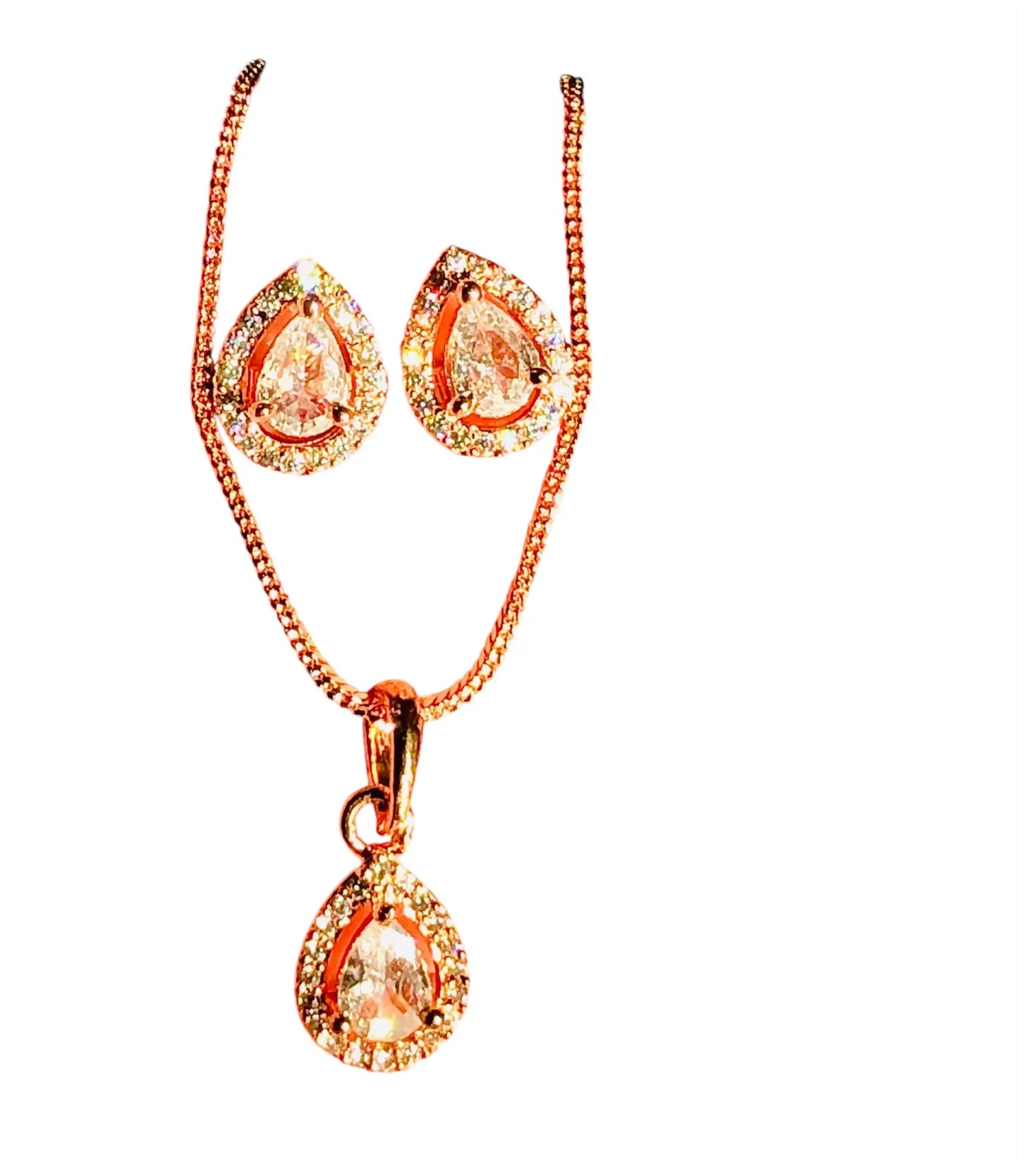 Elegant Teardrop Rose Gold Pendant Set Adorned with White Gemstones