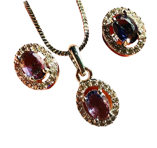 Elegant Silver and Purple Oval Pendant Jewelry Set