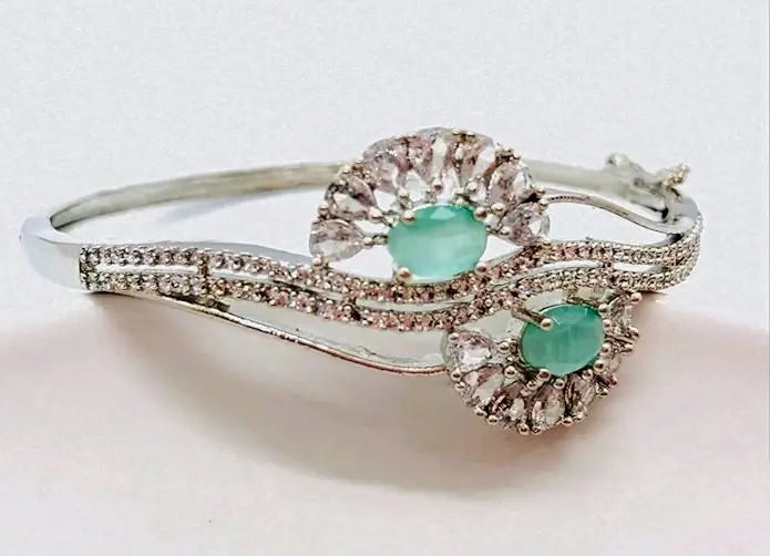 Teal Flower Adorned Silver Bracelet